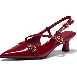 Women's Red Slingback Kitten Heels Low Heel Closed Pointed Toe Pumps Buckle